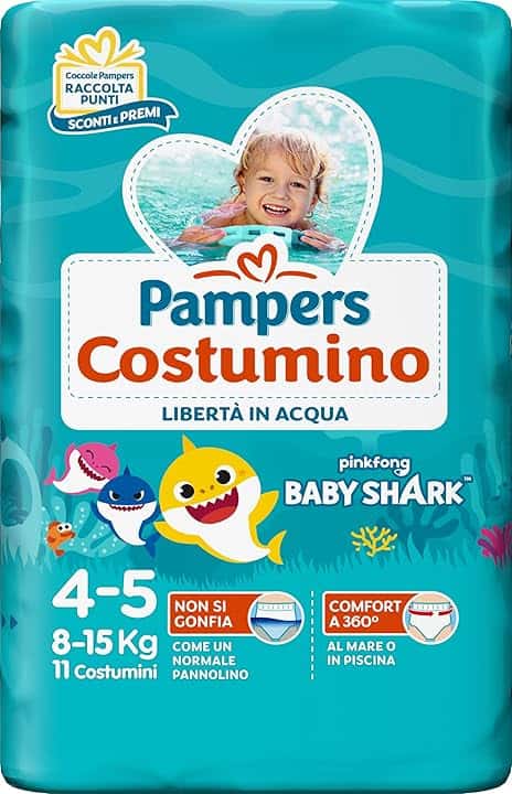 Pampers Costumino, Taglia 4 (8-15 kg), Doppia Barriera Laterale Anti-Fuoriuscita, Rimozione Facile, Fascia Elastica Avvolgente, Mare e Piscina, Cambio Veloce, Estate, Baby Shark, 11 Pannolini