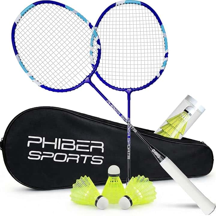 PHIBER-SPORTS Set di racchette da badminton – 2 racchette da badminton + 3 volani + borsa – Robusto set di volani per giardino e parco – ideale per principianti e professionisti (set di racchette da