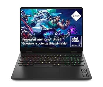 HP OMEN 16-an0002sl, Notebook, Intel Core Ultra 7 255H, 32GB RAM, 1TB SSD, Display 16 2K IPS 165Hz, Antiriflesso, NVIDIA RTX 5060 8GB, Cam TNR 1080p, 3 Mesi di PC Game Pass Inclusi, Windows 11, Nero