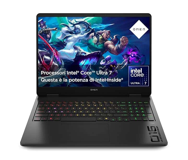 HP OMEN 16-an0002sl, Notebook, Intel Core Ultra 7 255H, 32GB RAM, 1TB SSD, Display 16 2K IPS 165Hz, Antiriflesso, NVIDIA RTX 5060 8GB, Cam TNR 1080p, 3 Mesi di PC Game Pass Inclusi, Windows 11, Nero