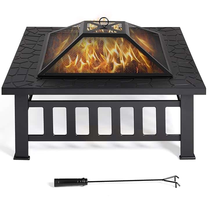 Yaheetech Braciere da Giardino Esterno Campeggio per Riscaldamento Tavolo Quadrato in Ferro con Copertura Nero 86 x 86 x 54 cm