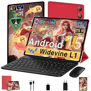 2025 Newest Tablet 10 Pollici Android 15 ｜30GB RAM + 64GB ROM ( TF/2TB )｜5G WiFi 6｜Octa-Core｜ 5MP + 8MP｜ GMS｜Bluetooth 5.0｜1280 * 800 FHD｜Doppia fotocamera ｜Tablet 2 in 1 con Tastiera e Mouse, Rosso