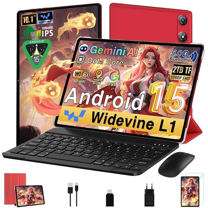 2025 Newest Tablet 10 Pollici Android 15 ｜30GB RAM + 64GB ROM ( TF/2TB )｜5G WiFi 6｜Octa-Core｜ 5MP + 8MP｜ GMS｜Bluetooth 5.0｜1280 * 800 FHD｜Doppia fotocamera ｜Tablet 2 in 1 con Tastiera e Mouse, Rosso