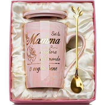 Regalo Festa Della Mamma, Regalo Mamma Tazza 400ml, Regal-o Mamm-a Compleanno, Rosa Ceramica Marmorizzata Regali per Mamm-a Natale Idee, con Coperchio, Cucchiaio, Biglietto