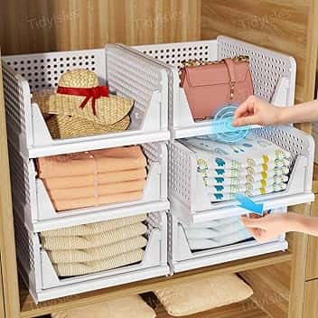 TidyIsles Wardrobe Storage Organiser - 4 Pack Folding Closet Organisers, Stackable Storage Boxes, Plastic Drawer Organiser Basket for Bedroom Kitchen Bathroom White