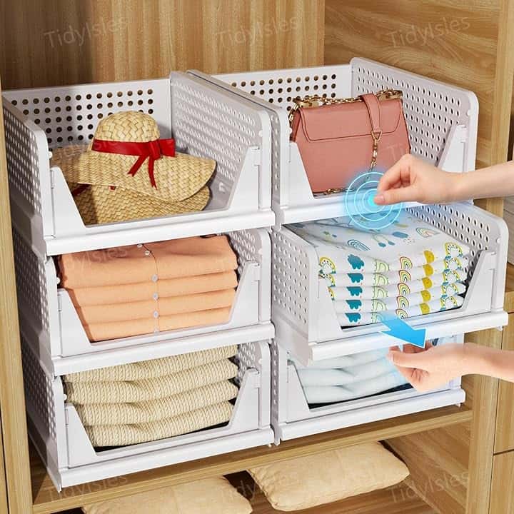 TidyIsles Wardrobe Storage Organiser - 4 Pack Folding Closet Organisers, Stackable Storage Boxes, Plastic Drawer Organiser Basket for Bedroom Kitchen Bathroom White