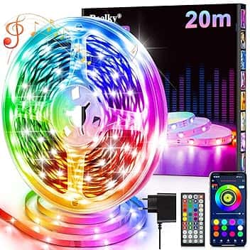 Realky Striscia LED, 20M RGB Luci Camera da Letto, Bluetooth APP Controllato Multicolor Strisce LED, Fancy Led Strip LED Musica Sincronizza per Decorare Scale, Festa, Cucina Casa, Gaming Room