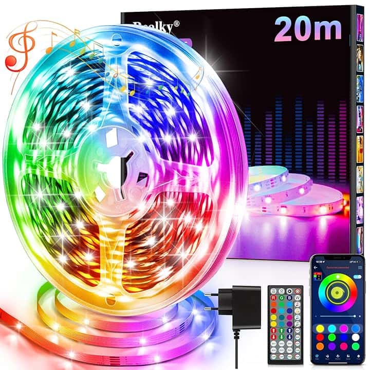 Realky Striscia LED, 20M RGB Luci Camera da Letto, Bluetooth APP Controllato Multicolor Strisce LED, Fancy Led Strip LED Musica Sincronizza per Decorare Scale, Festa, Cucina Casa, Gaming Room