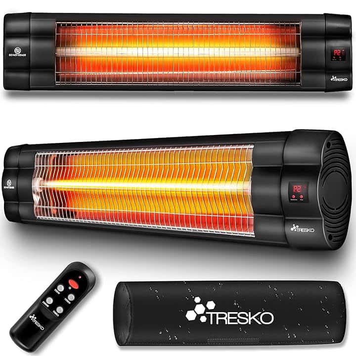 TRESKO Riscaldatore ad Infrarossi 2500W con Telecomando | con 3 Livelli di Calore | Stufa Elettrica da Esterno da Terrazzo per Fuori e Dentro | Radiatore Riscaldatore da Parete con Display LED