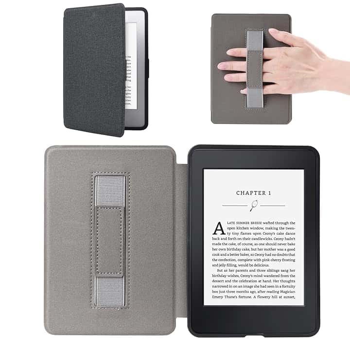 Custodia per Kindle Paperwhite con chiusura magnetica 2012-2017 (7a/6a/5a generazione, numero di modello: EY21, DP75SDI) con cinturino da polso e funzione di accensione e spegnimento automatico