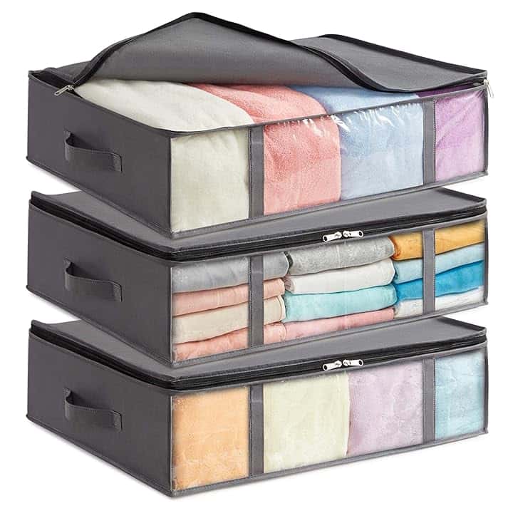 Lifewit Contenitori Sottoletto, Scatole Vestiti con Finestra Frontale Trasparente, Organizer per Armadi e Contenitori per Asciugamani, Vestiti, Coperte, Grigio, 40 L, 3 Pezzi