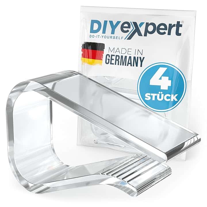 DIYexpert Mollette per tovaglia, trasparenti, prodotte in Germania, fino a 25 mm, 4 pezzi, resistenti alle intemperie e antiscivolo, mollette da tavolo per giardino, balcone e interni
