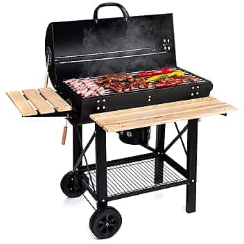 LEHMANN Barbecue a Carbonella con Griglia XL, Carrello Grill con Due Ripiani in Legno, Coperchio, Ruote, Manico non Riscaldante, Griglia a Carbone per Giardino, Terrazza, Campeggio