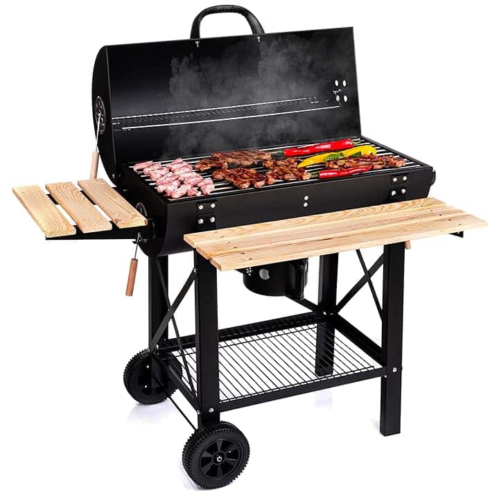 LEHMANN Barbecue a Carbonella con Griglia XL, Carrello Grill con Due Ripiani in Legno, Coperchio, Ruote, Manico non Riscaldante, Griglia a Carbone per Giardino, Terrazza, Campeggio