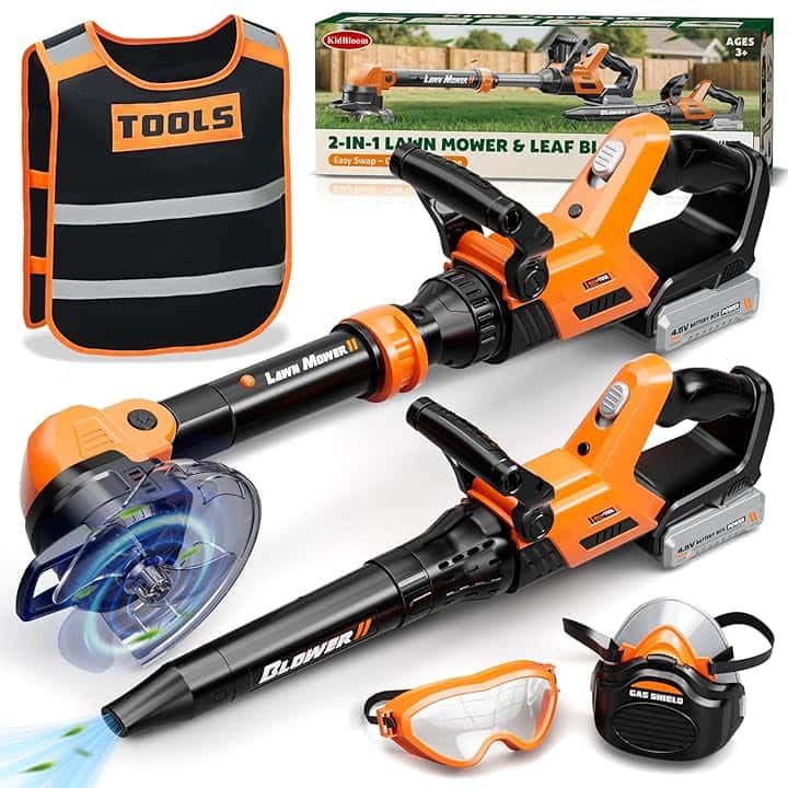 KidBloom 2 in 1 Attrezzi da Lavoro Bambini, Decespugliatore Giocattolo & Soffiatore Foglie con Suoni, Giochi da Giardino per Bambini, Giochi Bambino 3 Anni