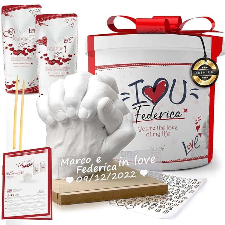 Lalfof® Calco Mani Coppia con NOMI. Regalo san valentino per lui, San Valentino per lei - Regalo coppia lui lei fidanzata fidanzato - Regali per lei - kit gesso per calco mani, regali personalizzati