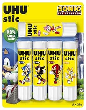 UHU Stic Sonic Limited Edition Collezionabili, Colla Stick per la Scuola Adatta ai Bambini, Senza Solventi, Colla Sicura per i Lavoretti, Box Composta da 5 Stick da 21g