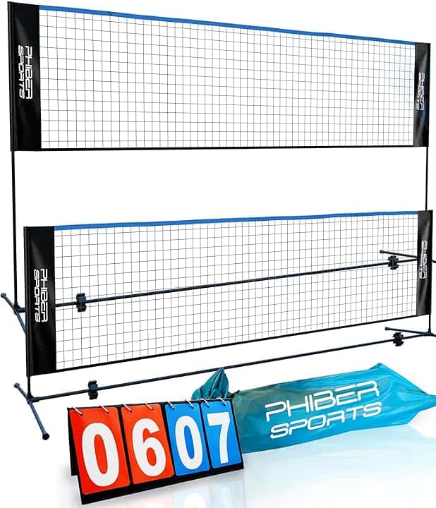 PHIBER-SPORTS Rete da badminton, rete da volano – 420cm, regolabile in altezza su 3 livelli + tabellone segnapunti – anche come rete da tennis, rete da pallavolo per piscina, calcio-tennis – inclusa