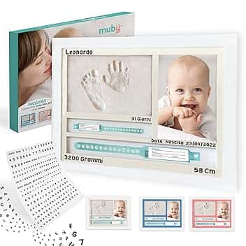Impronta mani e piedi neonati - Regalo Neonato, Porta bracciali di nascita. KIt impronte neonato, Regali baby shower, Cornice Personalizzabile + letterine adesive. Lista nascita bebè/battesimo. Muby
