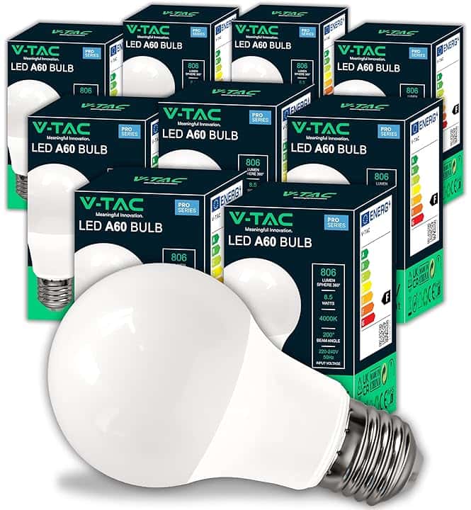 V-TAC 10x Lampadine LED E27 da 8,5W - [ ALTISSIMA EFFICIENZA ] - A60 - (Equivalenti a 60W) - Lampadine di Nuova Generazione a Risparmio Energetico - 806 Lumen - Luce Bianca Naturale 4000K