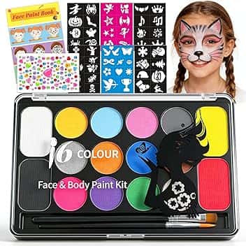 Truccabimbi Kit - 16 Colori Trucco Viso Bambini con 4 Colori Grandi, 52 Stencil e 1 Adesivo con Strass, Truccabimbi set Anallergici Atossici Body Painting per Halloween Carnevale Cosplay