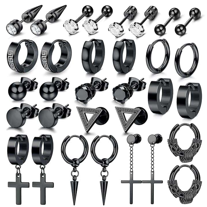 Dochais Orecchini Uomo Acciaio Inossidabile Orecchini a Cerchio Orecchini Pendenti con Croce Piercing Cartilage Zirconi Orecchini Set Punk Orecchino Nero per Uomo Donna ClimeCo Certified
