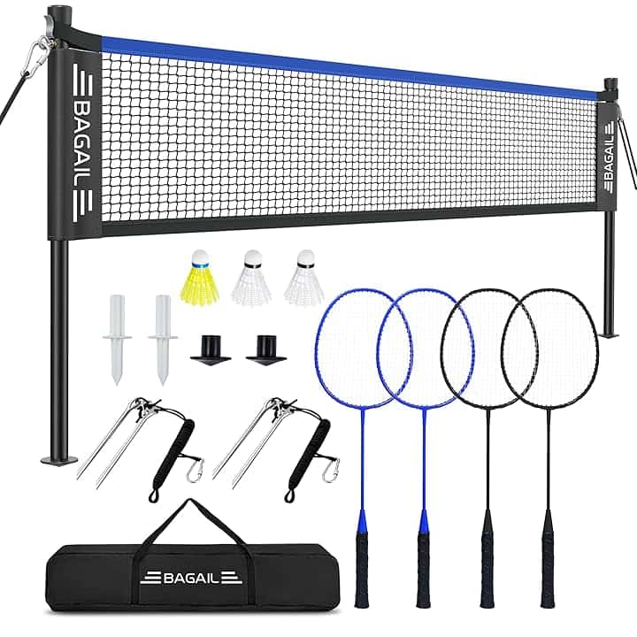BAGAIL Set di reti da Badminton per esterni-Dimensioni 20ft x 5ft, 4 Racchette, 3 palline da Badminton, rete in PE resistente e borsa per il trasporto per il cortile, la Spiaggia e Giochi in Famiglia