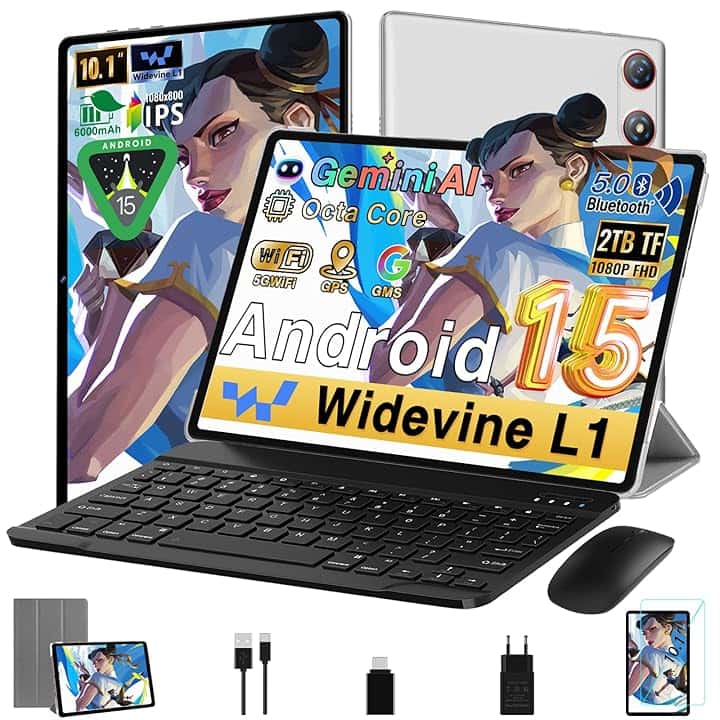 Tablet 10 Pollici Android 15 ｜30GB RAM + 64GB ROM ( TF/2TB )｜5G WiFi 6｜Octa-Core｜ 5MP + 8MP｜ GMS｜1280 * 800 FHD｜Doppia fotocamera ｜Bluetooth 5.0｜ 2026 Newest Tablet 2 in 1 con Tastiera e Mouse,Argento