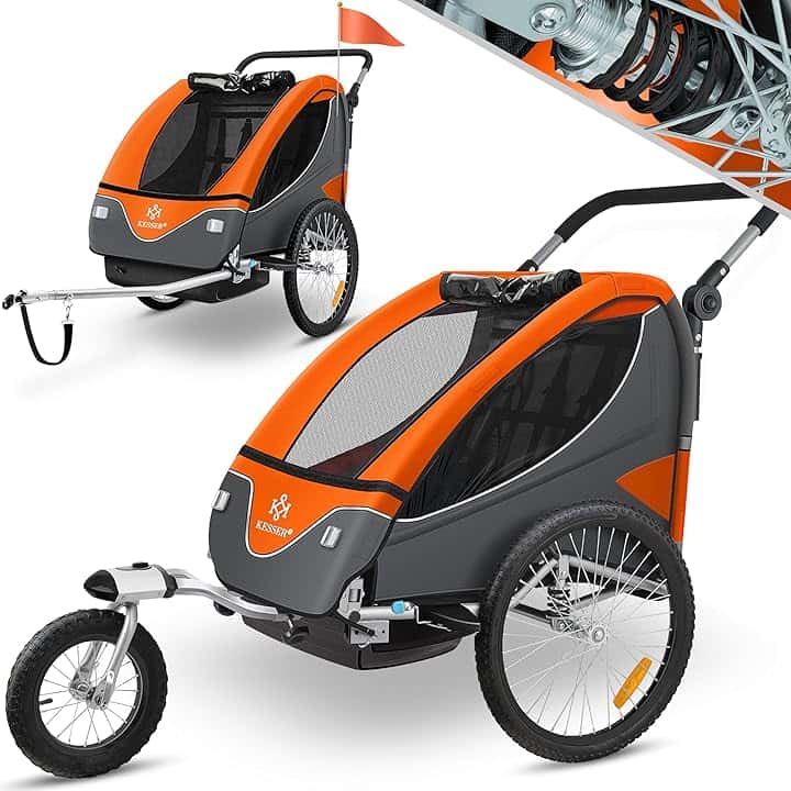 KESSER® Rimorchio per Bambini, ruotabile a 360°, con Sospensioni, 2in1 - Funzione Jogger/Rimorchio, Cintura a 5 punti, per 1 o 2 Bambini/max. 40kg