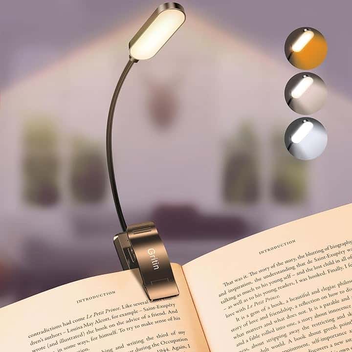Gritin 16 LED Luce per Lettura Libri a Letto, Ricaricabile Lampada Luce da Lettura per Libro con Clip, 3 Temperatura Colore & Dimmeraggio Sostenibile, 360°Flessibile Lampada Libro per Notturna
