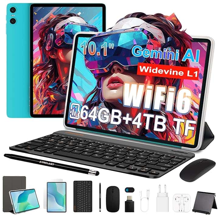 TECLAST P33 Tablet 10.1 Pollici Gemini AI Android Tablets 10 Accessori, 64GB ROM+4TB TF, 2GHz Octa-Core, 5G WiFi/Widevine L1/6000mAh/OTG/Tablet con Tastiera+Custodia+Penna+Mouse+3.5MM Auricolari, 2026