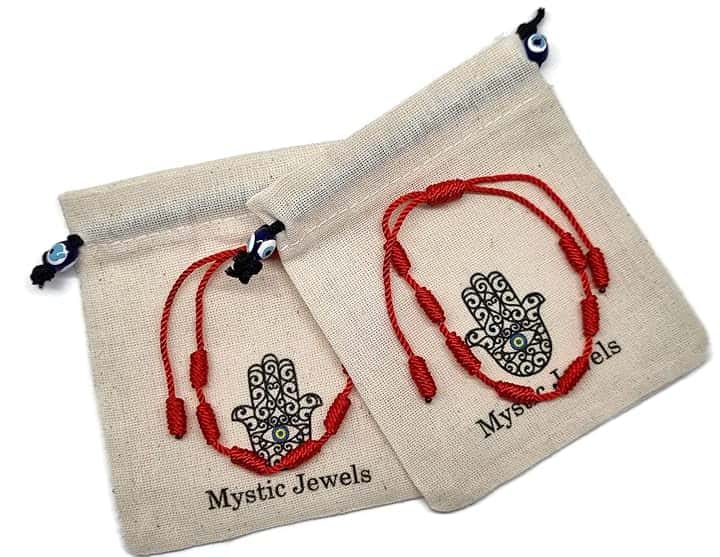 MYSTIC JEWELS By Dalia, braccialetto Cabala, in cordoncino di filo rosso, con 7 nodi, unisex, regolabile, per la protezione contro il malocchio, portafortuna