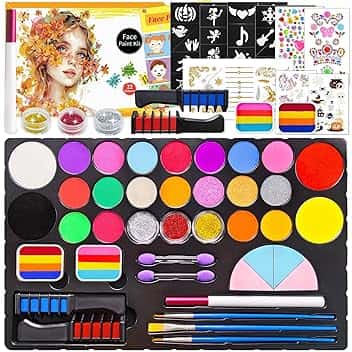 Truccabimbi Kit - 22 Colori Trucco Viso Bambini con 4 Colori Grandi e Adesivo per Tatuaggi, Truccabimbi kit Anallergici Atossici Body Painting per Halloween Carnevale Cosplay Natale