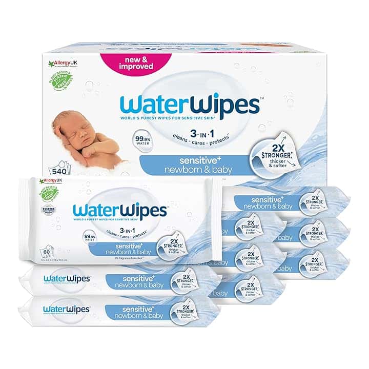 WaterWipes Sensitive+ Newborn & Baby Wipes, Salviettine per Neonati e Bambini, 540 Pezzi (9 Confezioni), Deterge, Cura, Protegge, 99,9% Acqua, Senza Profumo