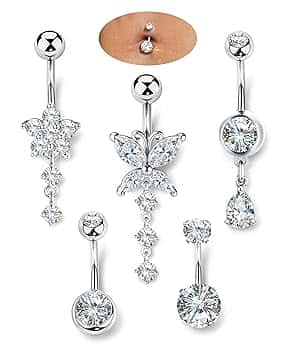 ORAZIO 5 Pezzi Piercing Ombelico Oro Argento Donna Acciaio Chirurgico Pendente Piercing Ombelico Anello 10MM Ipoallergenici Farfalla Zircone Navel Piercing Donna