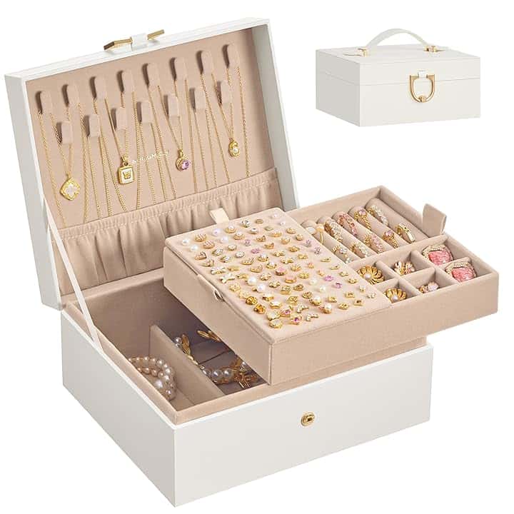 SONGMICS SONGMICS Scatola Portagioie, festa della mamma, Porta Gioielli a 2 Livelli con Vassoio Rimovibile, Maniglia, per Collane Orecchini Anelli, 17 x 20,5 x 9,5 cm, Idea Regalo, Bianco Crema JBC208WD01