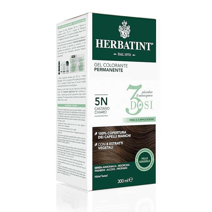 Herbatint Gel Colorante Permanente 3Dosi, 300ml - 5N Castano Chiaro, Senza Ammoniaca, per Pelli Sensibili, 100% Copertura Capelli Bianchi, con 8 Estratti Naturali Bio