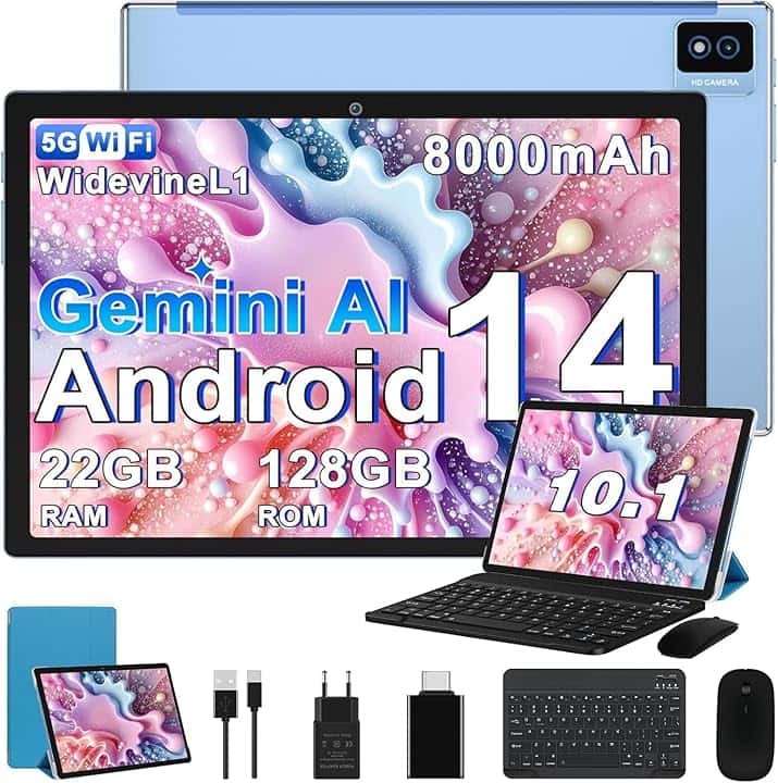 Tablet 10 Pollici Tablets Android Octa-Core 2.0 GHz, 22GB RAM+128GB ROM (1TB TF) 5G/2.4G WiFi 6, Widevine L1/GMS/Involucro in metallo/BT5.0/8000mAh/5+8MP, Tablet con Tastiera e Mouse - Blu