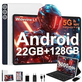Tablet Android 14 con 22GB RAM+128GB ROM(1TB TF, Tablet 10 Pollici con Widevine L1, Octa-Core 2.0GHZ, 5G Wi-Fi, GPS, 8000mAh, 8MP+5MP, Bluetooth 5.0, USB-C,Tastiera, Argento