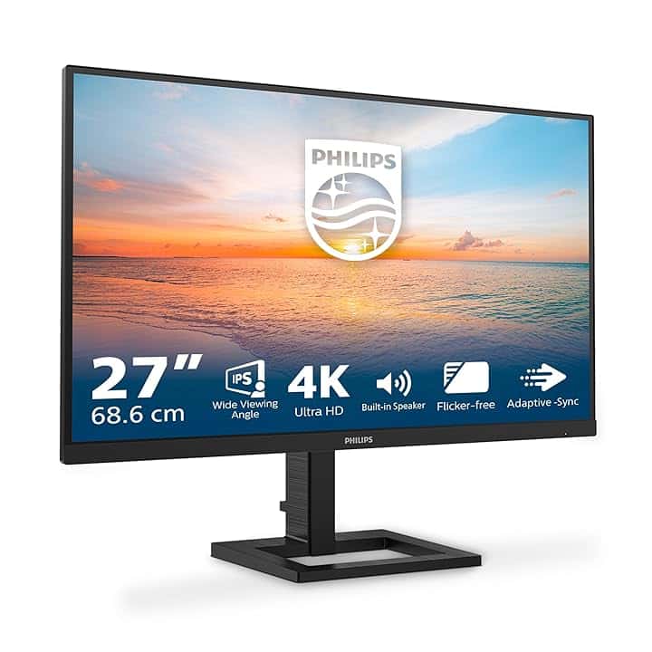 Philips 27E1N1800AE - Monitor Ultra HD da 27 pollici, altoparlanti, altezza regolabile, HDR10 (3840x2160, 60 Hz, HDMI 2.0, DisplayPort 1.4) nero, 2023, altoparlante integrato