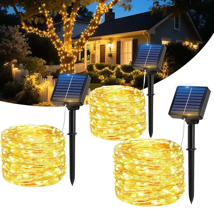 Luci Solari Esterno, [3 Pacchi]17M 150LED Catena Luminosa Esterno SolareIP65 lmpermeabili 8 Modalità Filo diRame Luci Solari da Giardino DecorativePer Festa, Matrimonio, Giardino, Natale.Patio