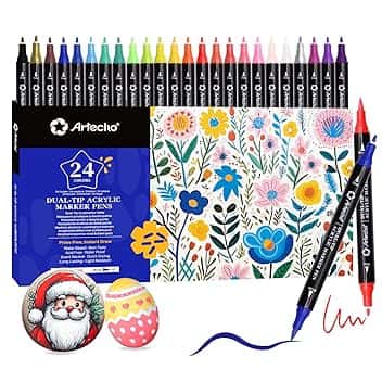 Artecho Pennarelli Acrilici Doppia Punta 24 Colori, Acrylic Marker con Pennello e Punta Fine, Ideali per Sassi, Legno,Tessuti, Tela, Carta, Vetro, Ceramica