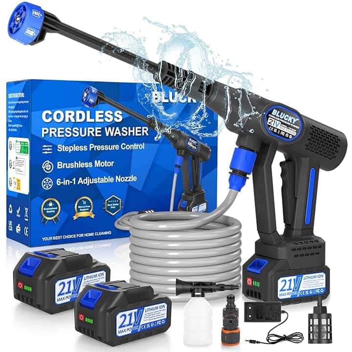 Idropulitrice Portatile a Batteria con Collegamento a Rubinetto Diretto, Ugello 6 in 1 e Controllo Pressione Regolabile per Giardino, Auto e Pulizie Esterne