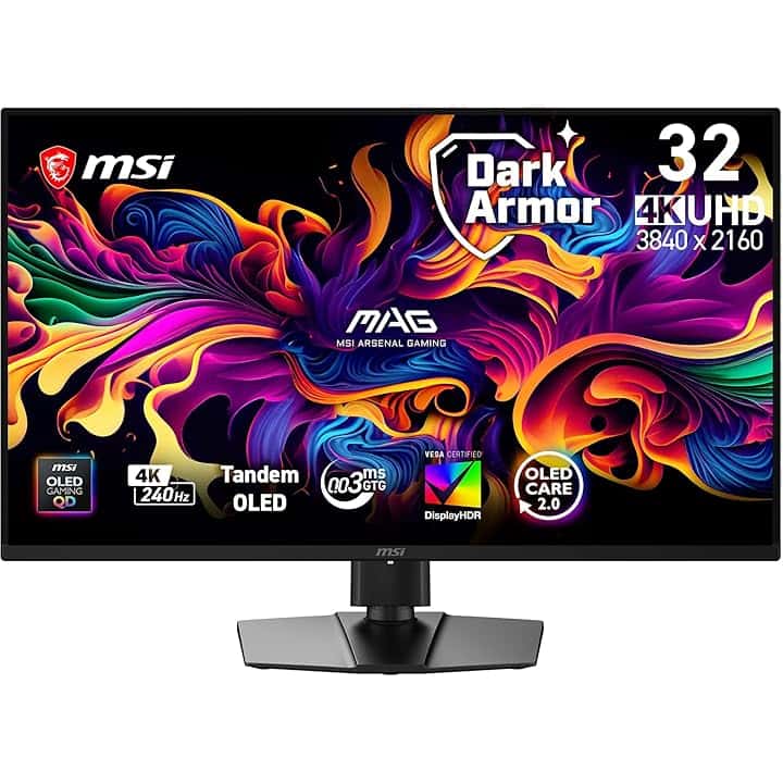 msi MAG 321UP QD-OLED X24 Monitor Gaming 32” 4K UHD (3840×2160), Tandem QD-OLED, 240 Hz, 0,03 ms, DarkArmor Film, Uniform Luminance, Super Low Motion Blur, G-SYNC Compatible, AMD FreeSync Premium Pro