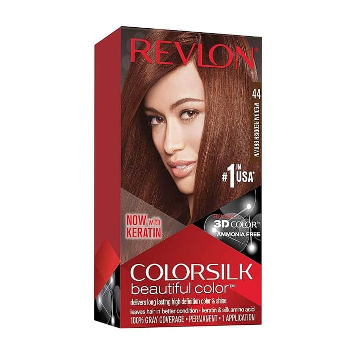 Revlon ColorSilk Colorazione Permanente Capelli Fai-da-te a Casa, Senza Ammoniaca e Arricchita con Cheratina, 44, Castano Ramato Medio