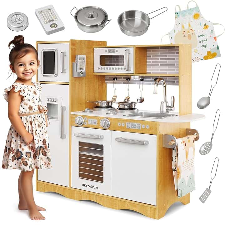 Mamabrum Cucina Giocattolo per Bambini in Legno con Luci LED - Cucina Educativa con Forno, Microonde e Accessori - Set da Gioco con Piano Cottura, Frigorifero e Utensili - 93x30x82cm - Naturale