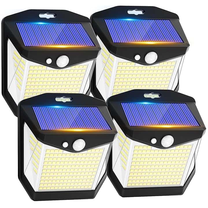 Luci LED Esterno Giardino Solare - 248 LED Luce Esterno con Pannello Solari con Sensore da Movimento 3 Modos 270° Illuminazione Lampada Solare da Esterno IP65 Impermeabile per Parete Garage 4 Pezzi