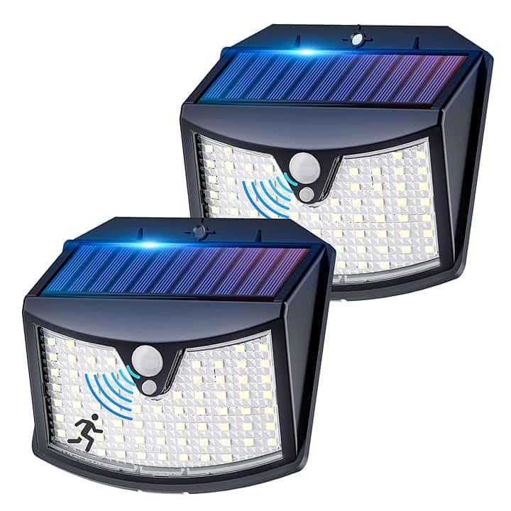 Luce Solare Led Esterno, 3 Modos IP65 Impermeabile Faretto LED da Esterno con Sensore di Movimento, Lampada Solare da Esterno per Giardino, Parete, Garage (2 Pezzi Bianco Freddo)
