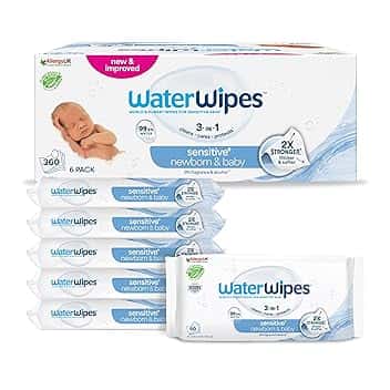 WaterWipes Sensitive+ Newborn & Baby Wipes, Salviettine per Neonati e Bambini, 360 Pezzi (6 Confezioni), Deterge, Cura, Protegge, 99,9% Acqua, Senza Profumo