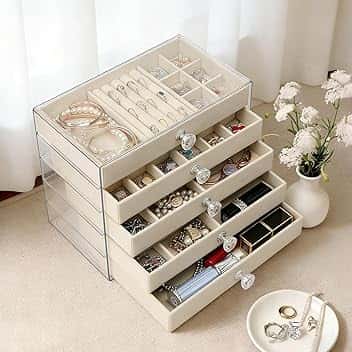 VirtuGro VirtuGro 5 Piani Portagioie Donna da Camera Porta Gioie con Guscio in Acrilico Trasparente Porta Gioielli da Comodino Jewelry Organizer Portagioie Grande Regali per Orecchini Collane Anelli (Beige)